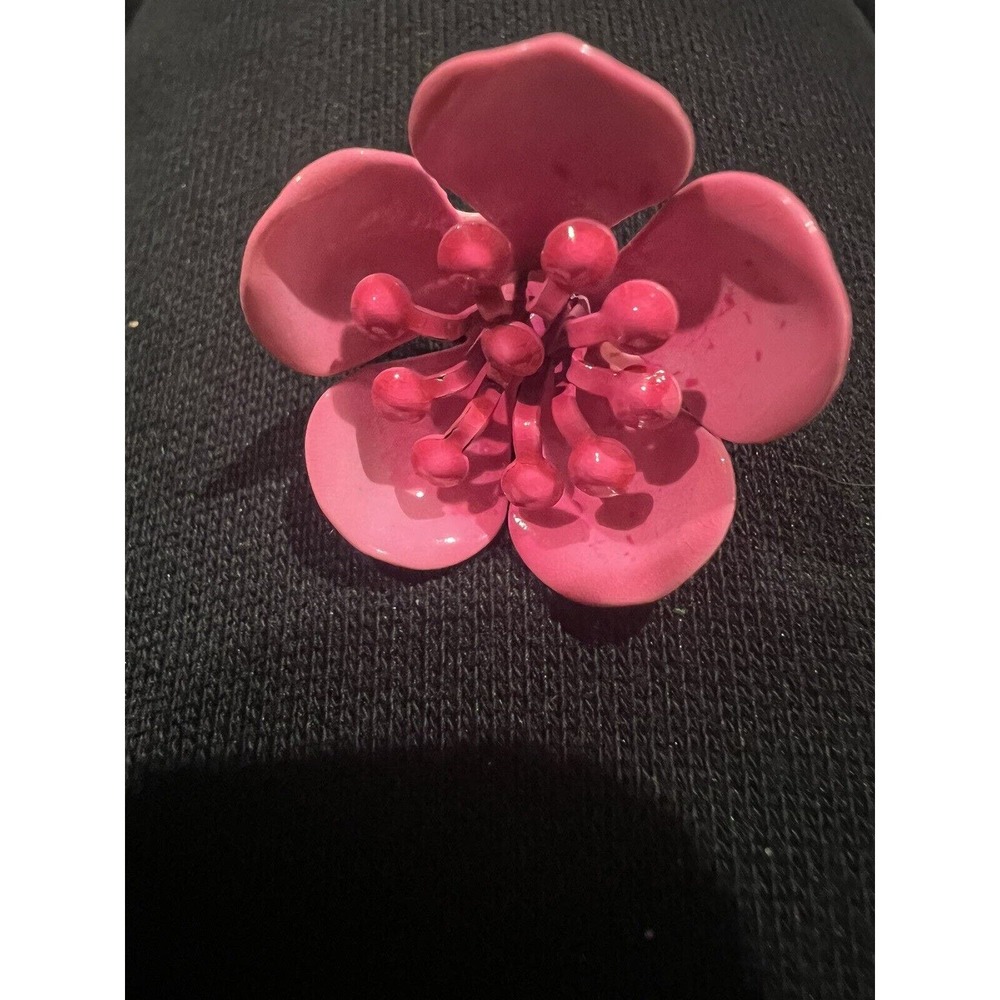 Vtg Pair Bright Pink Enamel 3D Layered Look Ruffled Petals FLOWER Clip Earrings